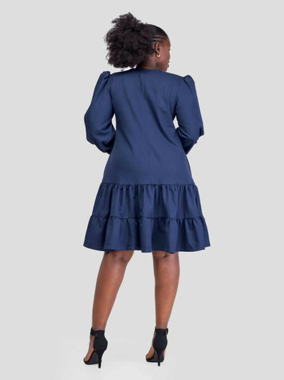 Jolly Fancy Wear Puffed Sleeve Shift Dress - Navy Blue - Shopzetu