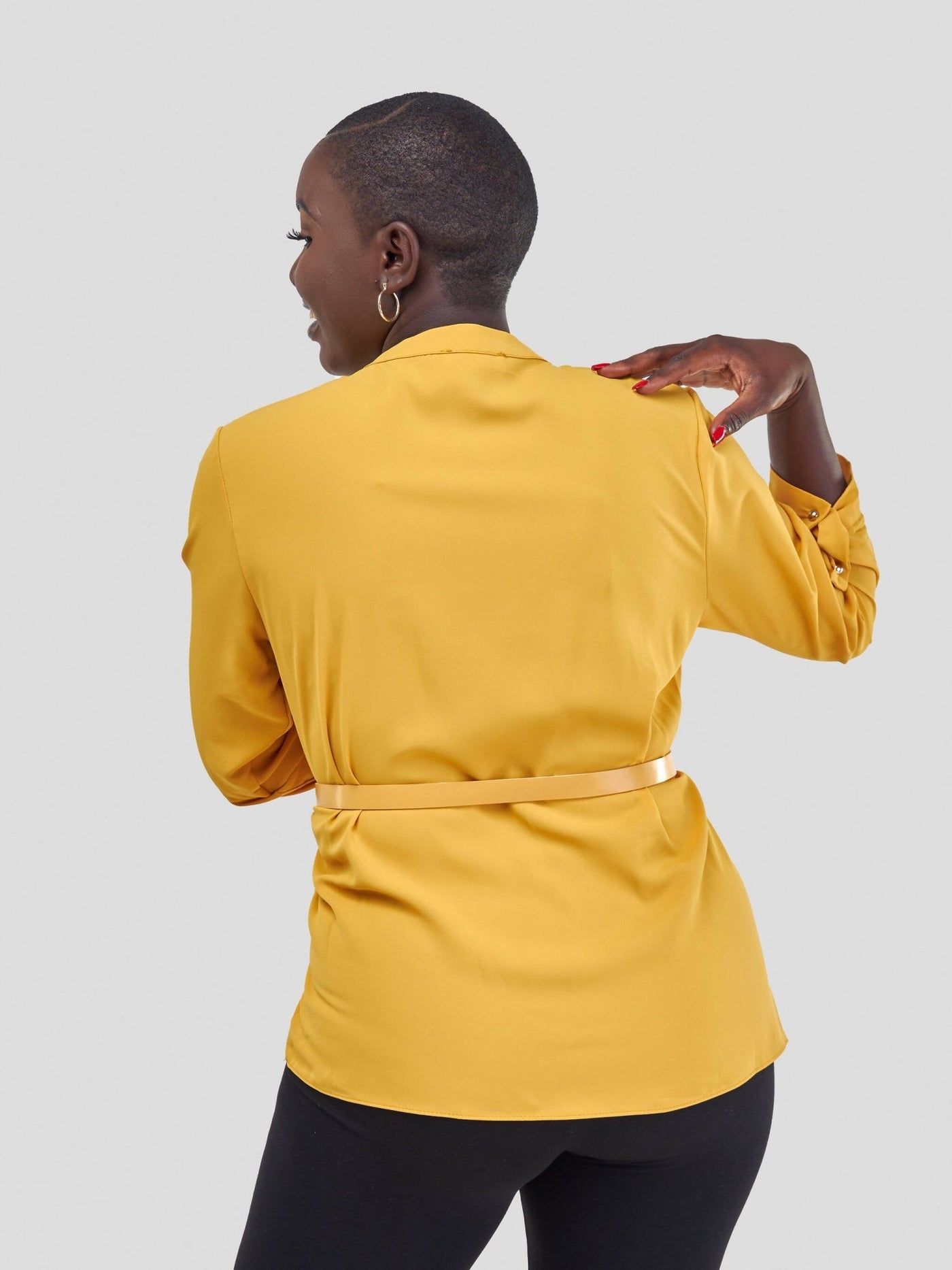 The Fashion Frenzy Belted Mock Pocket Long Sleeve Blouse - Mustard - Shopzetu