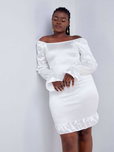 DD Holdings Fashion Bare Back Silk Flounce LS Dress - White - Shopzetu