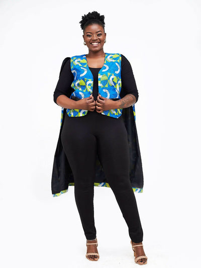 Simbaress Fem Ankara Midi Cape – Blue / Green - Shopzetu