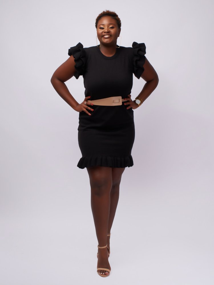 Tuli Rehema Ruffled Sweater Dress - Black - Shopzetu