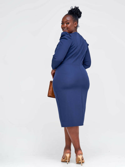 The Fashion Frenzy V-neck Pencil Dress - Navy Blue - Shopzetu