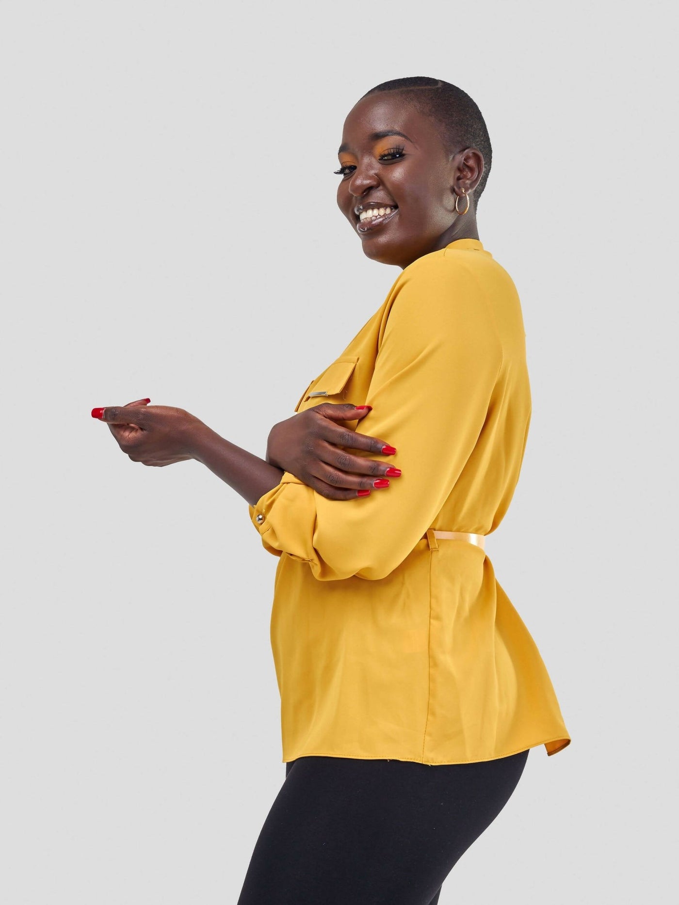 The Fashion Frenzy Belted Mock Pocket Long Sleeve Blouse - Mustard - Shopzetu