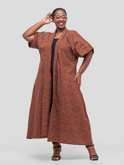 Simbaress Kitenge Tamu Long Kimono - Brown Print - Shopzetu