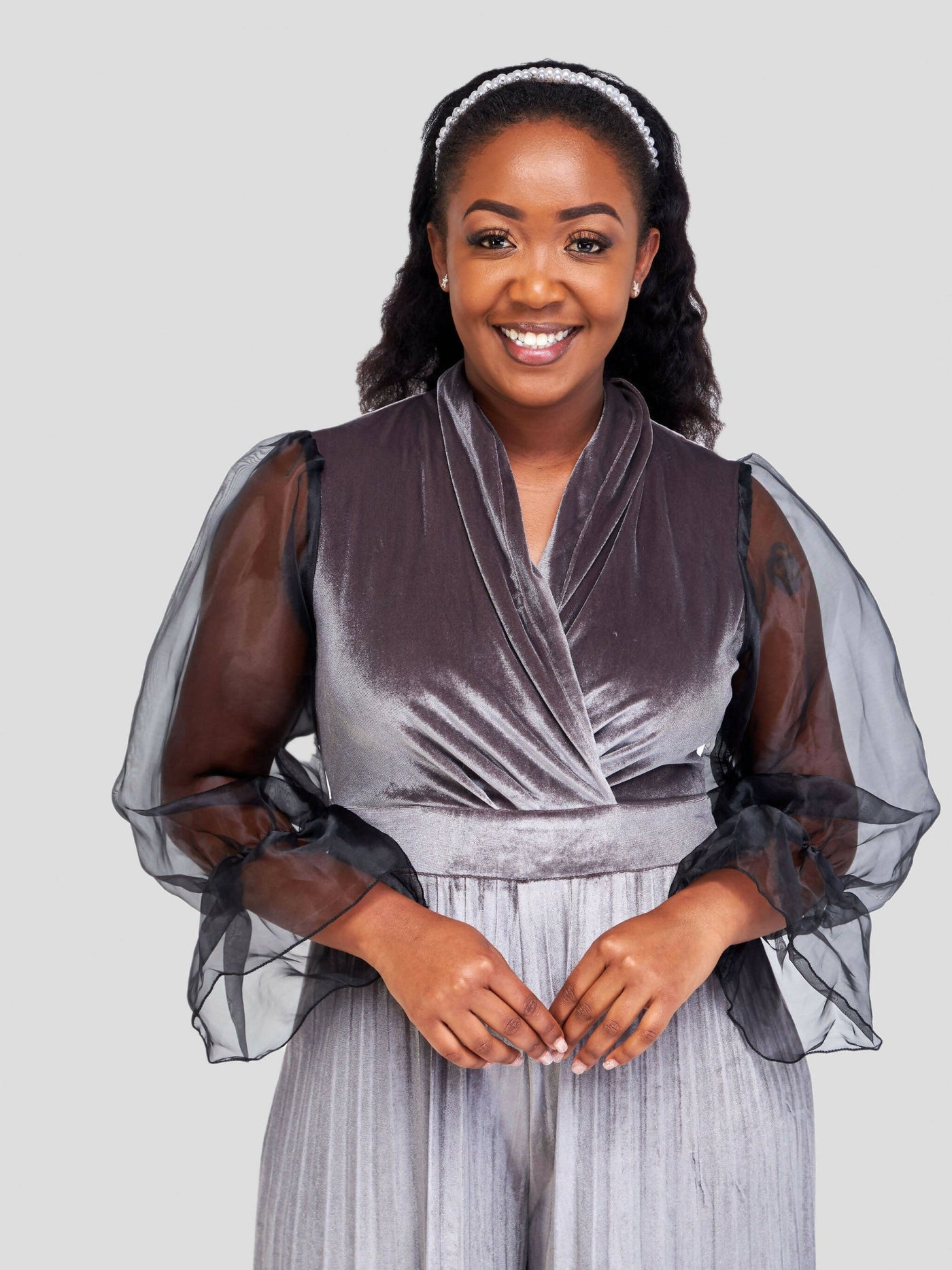 Bold N Chic Flared Velvet Jumpsuit - Grey - Shopzetu