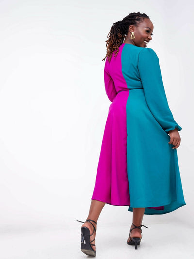 Zia Africa "It's a Wrap" Two Tone Mid Maxi Dress - Teal / Fuschia - Shopzetu