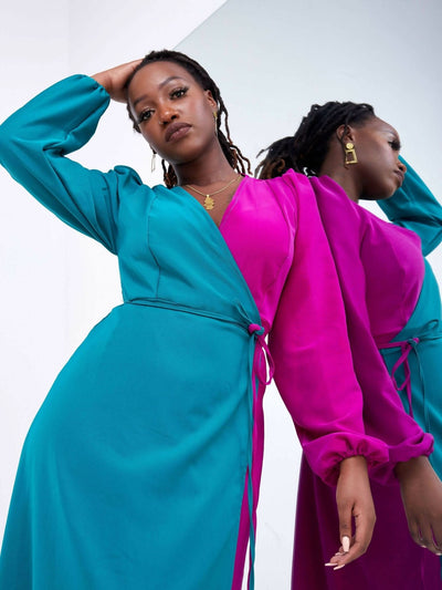 Zia Africa "It's a Wrap" Two Tone Mid Maxi Dress - Teal / Fuschia - Shopzetu