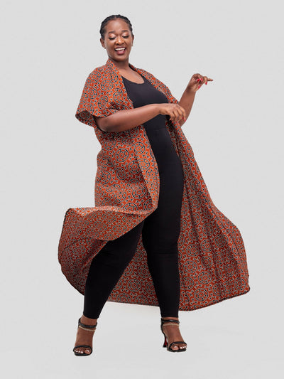 Simbaress Kitenge Tamu Long Kimono - Brown Print - Shopzetu